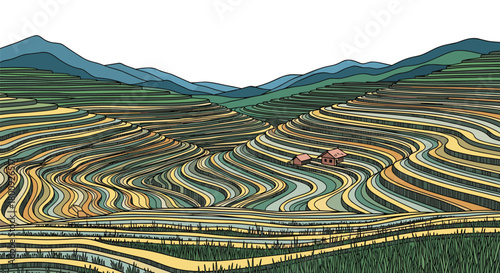 An expansive view of rolling hills and distant mountains in a distorted landscape.