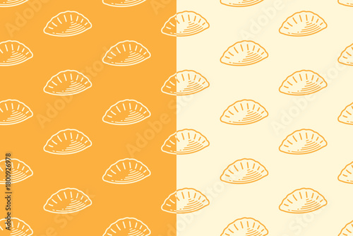 Gyoza dumpling line art seamless pattern on yellow white background set for restaurant. Japanese gyoza engraving doodle pattern background for culinary. Chinese dumpling hatching motif wallpaper