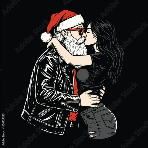 Badass Santa Claus Kissing Woman Vector Illustration