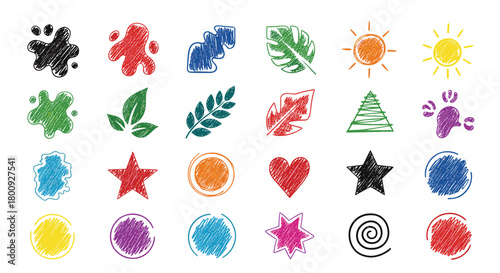 A collection of colorful hand-drawn chalk or crayon textured stamps featuring natural elements and geometric shapes for creative projects.