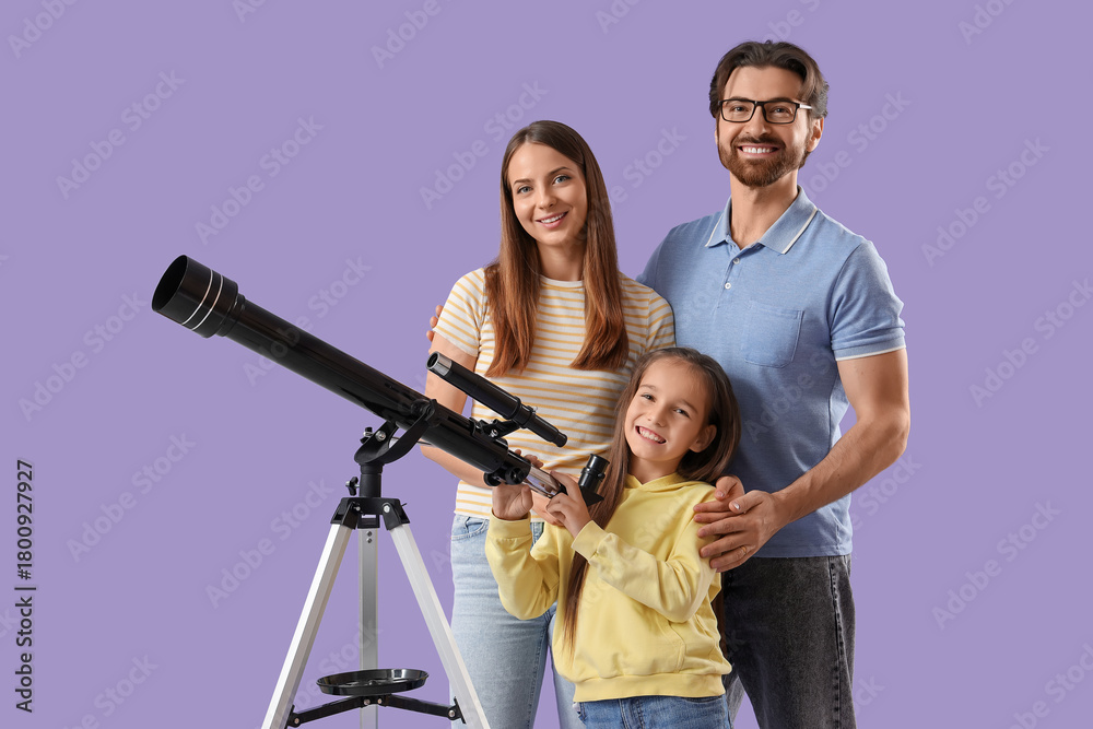 Fototapeta premium Little girl with her parents and telescope on lilac background