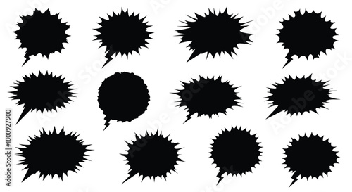 A collection of irregular black speech bubble shapes with jagged edges representing abstract dialogue or thought forms.