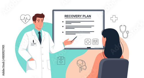 Medical Professional Explaining a Recovery Plan to Patient in Modern Healthcare Setting