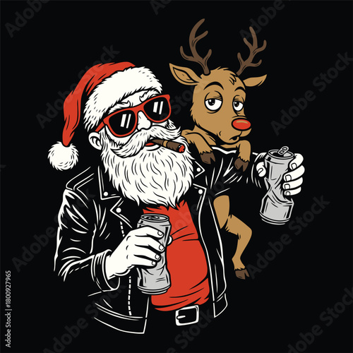 Badass Santa Claus and Reindeer Drinking Beer Vector