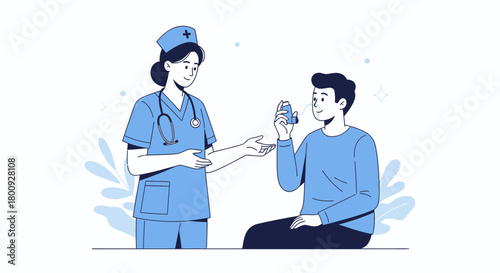 Medical Professional Explains Inhaler Use To Patient In Modern Flat Illustration Style