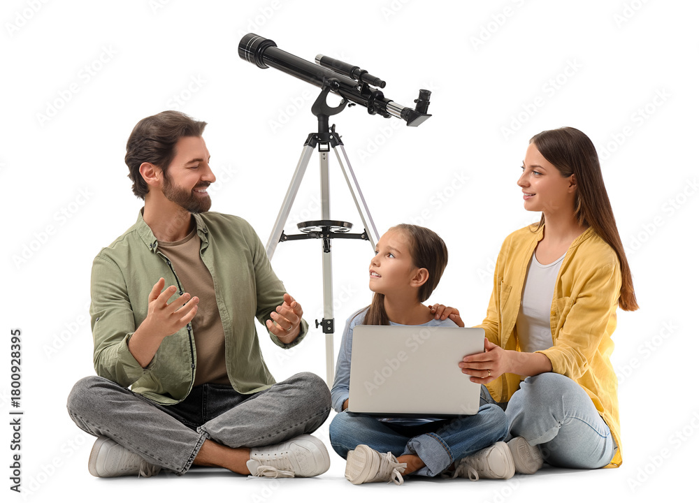 Fototapeta premium Little girl with her parents and telescope using laptop on white background