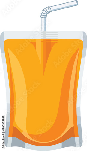 Orange juice pouch vector with a straw for kids drink and healthy beverage packaging.