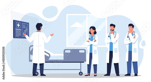 Medical Team Discussing Patient's Chart Analysis In A Hospital Room Setting