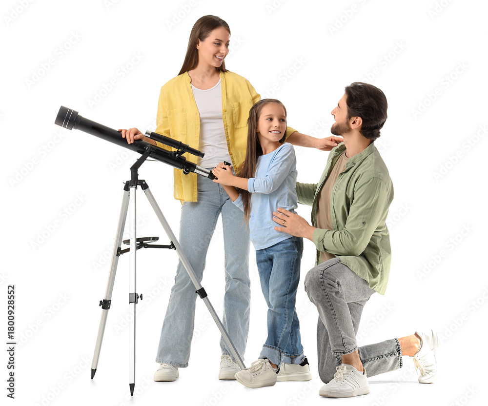 Fototapeta premium Little girl with her parents and telescope on white background