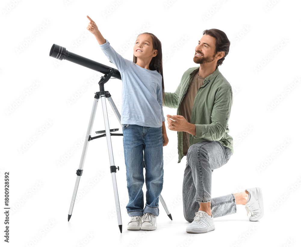 Fototapeta premium Little girl with her father and telescope pointing at something on white background