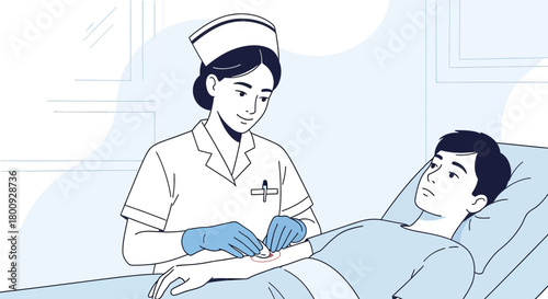 Medical Professional Providing Patient Care In A Hospital Environment, Monochrome Illustration