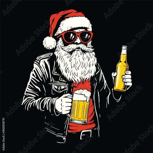 Badass Santa Claus Drinking Beer Vector Illustration