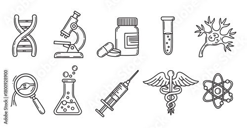 A collection of simple black and white outline icons representing various scientific, medical, and biological concepts like DNA, microscopes, and healthcare symbols