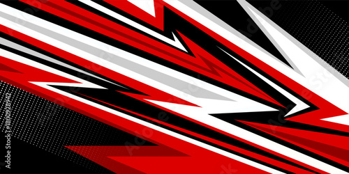 Dynamic red, black, and white abstract racing stripe background with sharp geometric lines and modern high-speed motion effects, perfect for sports graphics, automotive themes, energetic posters.