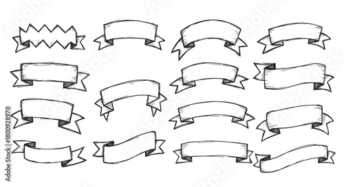A collection of hand-drawn sketchy ribbon banners in various shapes and styles, perfect as decorative elements or empty frames for text on a light background