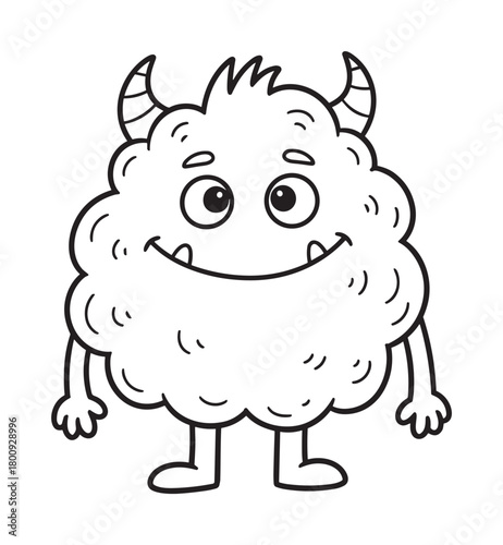 A friendly, fluffy, cartoon monster with horns and a wide smile, depicted in a simple black and white outline drawing style, perfect for coloring activities