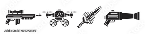A set of futuristic weapon and technology icons, including a sci-fi rifle, combat drone, energy sword, and blaster, presented as black glyphs on a white background