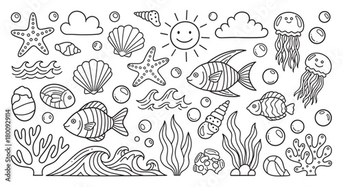 A delightful set of hand-drawn marine life and summer icons, featuring cute fish, jellyfish, shells, coral, and a smiling sun in a simple black outline cartoon doodle style