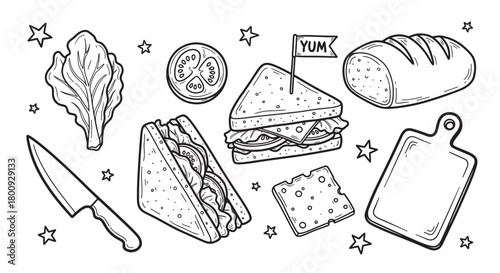 Collection of hand-drawn doodle illustrations featuring a sandwich and its ingredients like bread, cheese, tomato, and lettuce, with a knife and cutting board in a monochrome style