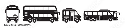 A collection of black silhouette icons showing various types of public transport vehicles, including a double-decker bus, minibus, and tour coach, isolated on a white background