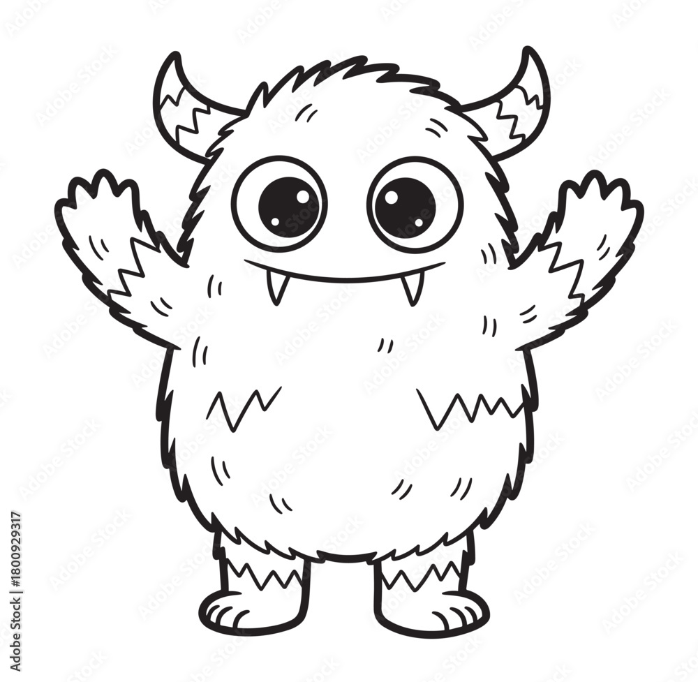 Fototapeta premium A cute and friendly furry monster with big eyes, horns, and fangs, waving its hands in a cheerful black and white cartoon line art illustration isolated on a white background