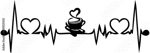 Heartbeat lifeline with a steaming coffee cup and heart symbols, a creative EKG pulse line design for caffeine lovers, symbolizing that coffee is life