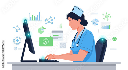 Medical Professional Utilizing Computer Medical Data Analysis For Patient Diagnostics And Treatment