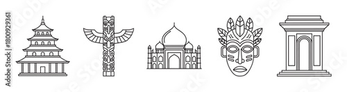 Minimalist line art icon set of global landmarks and cultural symbols, featuring an Asian pagoda, a native totem pole, a grand mausoleum, a tribal mask, and a classic arch