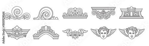 Set of vintage decorative ornaments in a classical architectural style, featuring intricate line drawings of scrolls, friezes, pediments, and winged cherub faces isolated on white