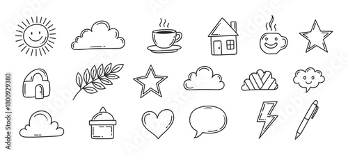 A charming assortment of hand-drawn doodle illustrations, including a smiling sun, clouds, a house, a heart, and a coffee cup, isolated on a clean white background