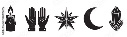 A collection of mystical black silhouette icons including a lit candle, open hands, a geometric star, a crescent moon, and faceted crystals, presented on a clean white background