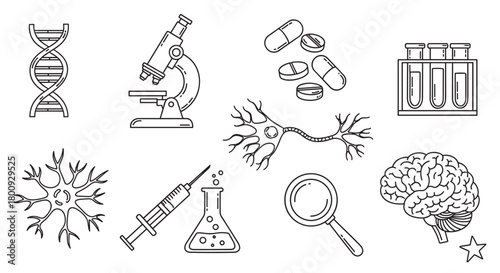 A collection of black outline icons illustrating scientific and medical themes, featuring DNA, a microscope, medication, test tubes, neurons, a syringe, a magnifying glass, and a human brain on white