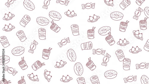 Pattern of donuts, candies, coffee cans, and fruit. Ideal for food blogs, cafe menus, kitchen decor, or bakery marketing materials.