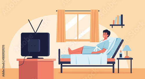 Patient Patiently Watching Television in Hospital Room for Medical Recovery and Rest