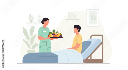 Patient Receiving a Tray of Fresh Fruit From Nurse in Modern Hospital Room Decor