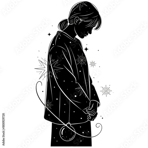 Black and white silhouette illustration of a contemplative woman with Christmas ornament.