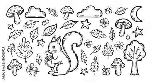 A charming set of hand-drawn autumn forest doodles featuring a cute squirrel, mushrooms, oak leaves, and nature elements in a whimsical black and white line art style