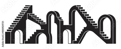 An abstract black and white graphic illustration of a surreal architectural paradox with impossible stairs and arches, creating a complex, labyrinthine optical illusion