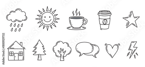 A set of cute hand-drawn doodle icons featuring weather, nature, coffee, and symbols like a heart and star, all created in a simple black line art style isolated on white