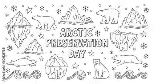 A black and white coloring page illustration for an arctic preservation awareness day, featuring cute polar bears, icebergs, snowflakes, and stylized waves in a simple doodle style