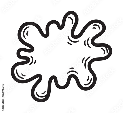 A playful hand-drawn black outline of an irregular liquid splash or paint splat with internal curved lines, isolated on a clean white background, conveying a dynamic and fun cartoon style