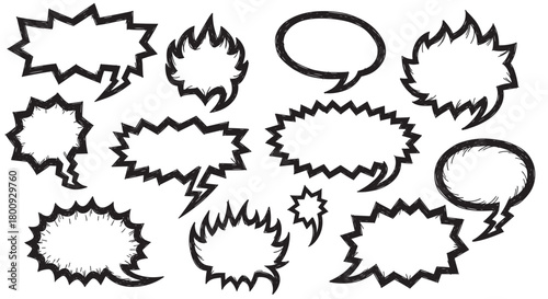 A diverse collection of hand-drawn comic book speech bubbles in a rough, sketchy black and white style, featuring spiky and explosive shapes for expressing dialogue, shouting, or thoughts