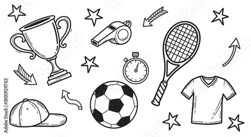 A collection of hand-drawn sports equipment doodles, including a trophy, soccer ball, and tennis racket, in a black line art style on a cream background, representing competition and victory