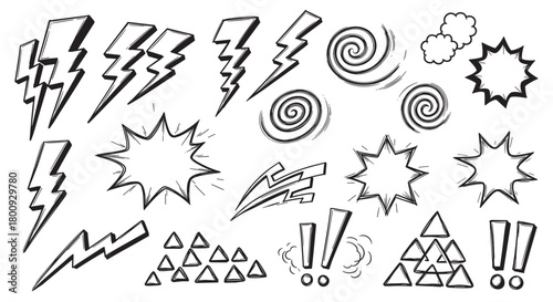 A diverse set of hand-drawn comic book style graphic elements, including lightning bolts, explosion bubbles, and swirls, rendered in a black and white doodle style on a white background