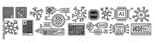 A collection of black and white line icons representing artificial intelligence, neural networks, machine learning, and futuristic technology concepts isolated on a white background