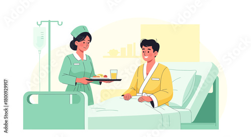 Patient Receiving Healthcare Support, Nurse Serving Meal, Recovery, Medical Care, Well-being