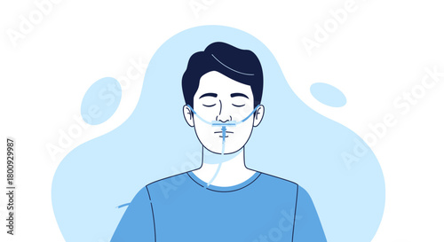 Patient Receiving Oxygen Through Nasal Cannula, Illustrated in Vibrant Flat Style Vector