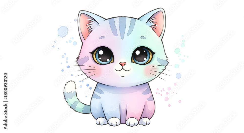 Fototapeta premium Sweet watercolor kitten illustration with big, captivating eyes, perfect for children's designs and adding a touch of magic and wonder