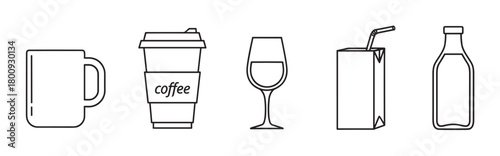 A collection of various beverage container icons, including a mug, coffee cup, wine glass, juice box, and bottle, depicted in a minimalist black line art style on a white background