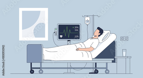 Patient Under Observation in Hospital Bed with Monitoring Equipment and Healthcare